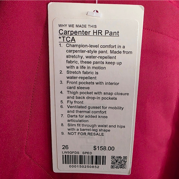 Lululemon Carpenter HR Pant TCA Water Repellent Barrel Leg Pants Red Size 26 - Picture 12 of 14